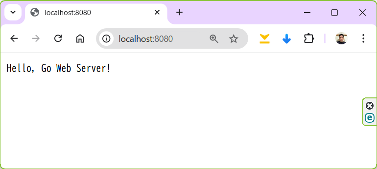 http://localhost:8080「Hello, Go Web Server!」が表示されている。